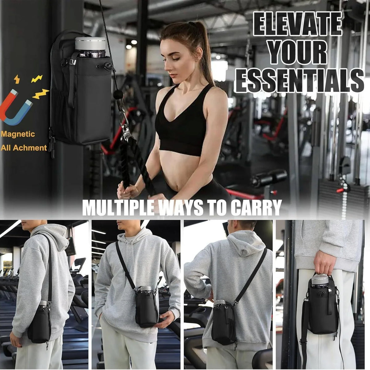 Bolsa magnética para gimnasio con portabotellas y bolsillo para móvil