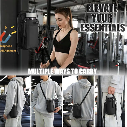 Bolsa magnética para gimnasio con portabotellas y bolsillo para móvil